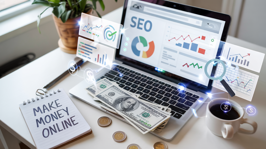 Flat-lay of a laptop showing SEO analytics, surrounded by money, notepad with 'Make Money Online' written on it, and digital marketing icons representing SEO and income generation