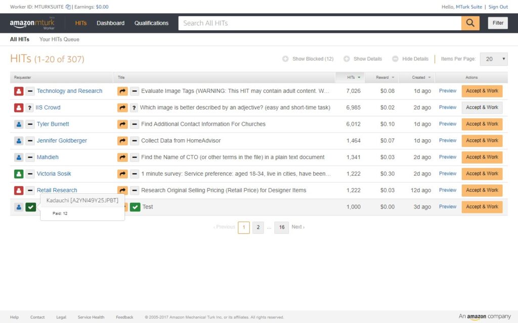 List of MTurk Human Intelligence Tasks (HITs) available for workers