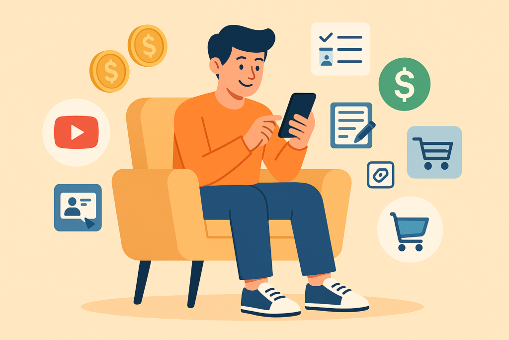 Illustration of a young man earning money online with his smartphone, surrounded by icons of YouTube, dollar signs, shopping carts, surveys, and microtasks.