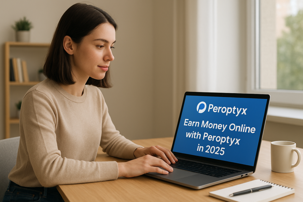 Freelancer working on a laptop from home, earning money online with Peroptyx in 2025