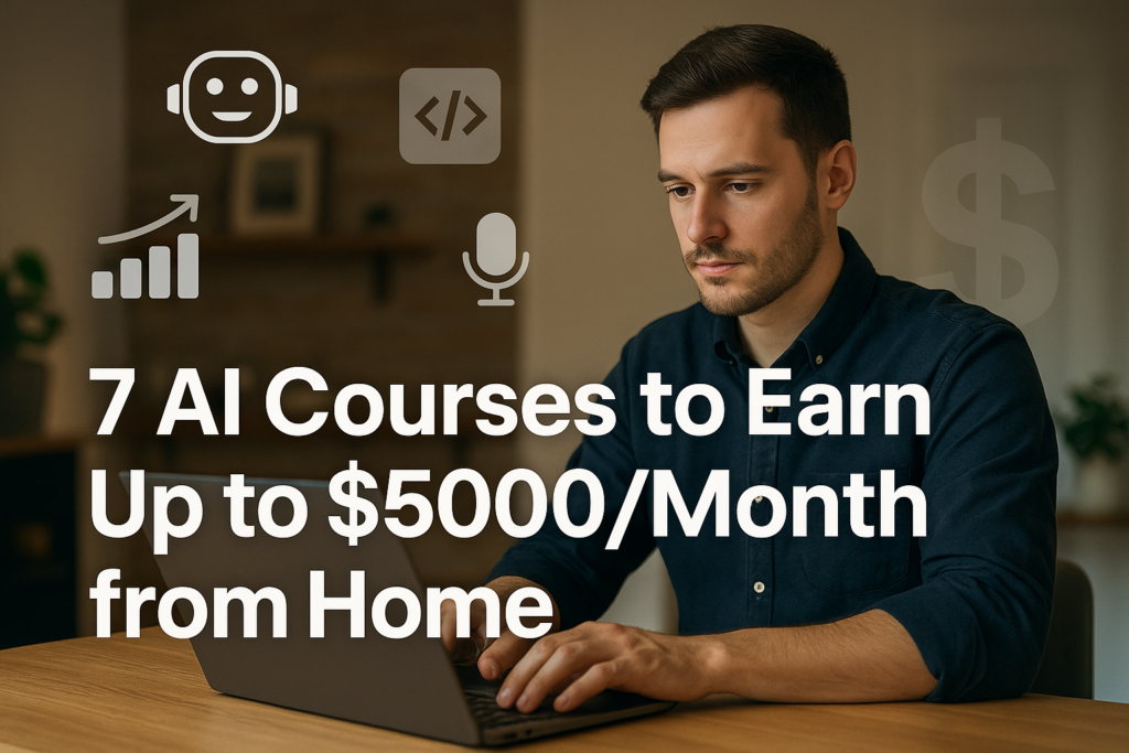 A young man working on a laptop at home, surrounded by AI icons, representing online AI courses that can help earn up to $5000 per month from home in 2025