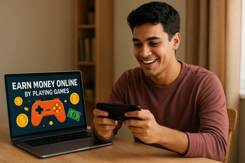 A young person playing mobile games and winning real cash rewards online in 2025