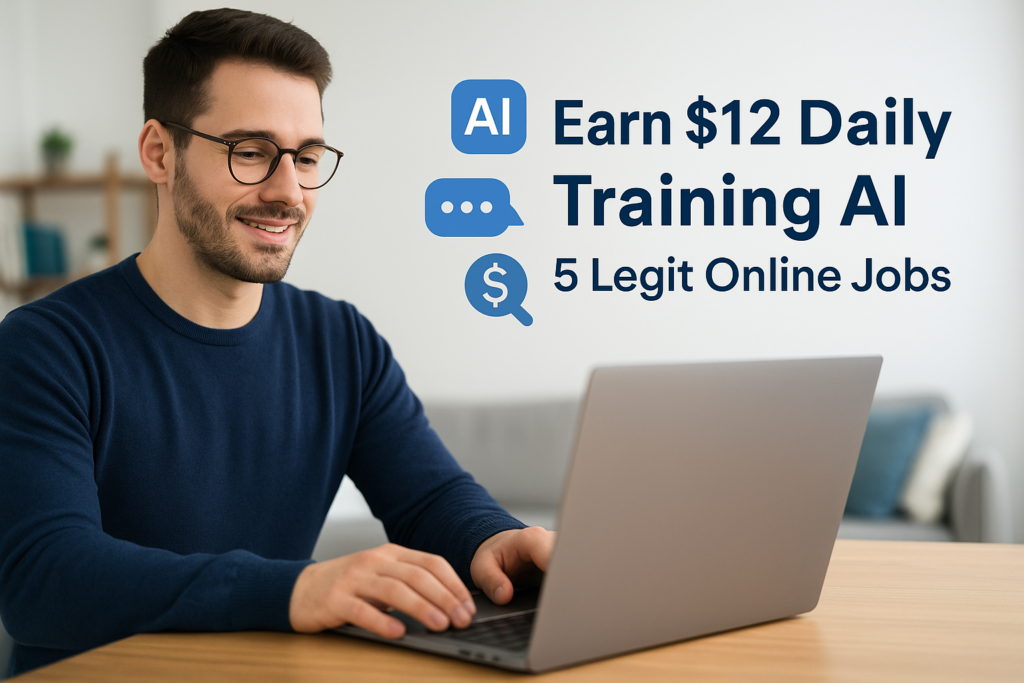 Freelancer working on laptop from home completing AI training tasks to earn $12 daily online