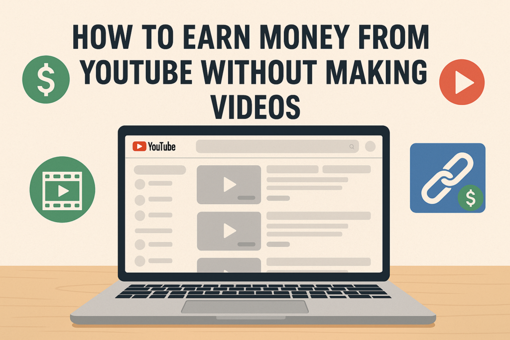A digital illustration of a laptop on a wooden desk displaying the YouTube homepage, surrounded by icons representing money, a video play button, stock footage, and affiliate marketing links, with the text “How to Earn Money from YouTube Without Making Videos” at the top.