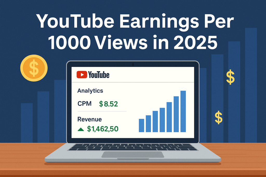 Alt Text:
A modern digital illustration showing a laptop on a wooden desk with the YouTube Analytics dashboard on screen, displaying a CPM of \$8.52 and rising revenue bar charts. The background features dollar icons and blue vertical bars, with a bold title reading “YouTube Earnings Per 1000 Views in 2025.”
