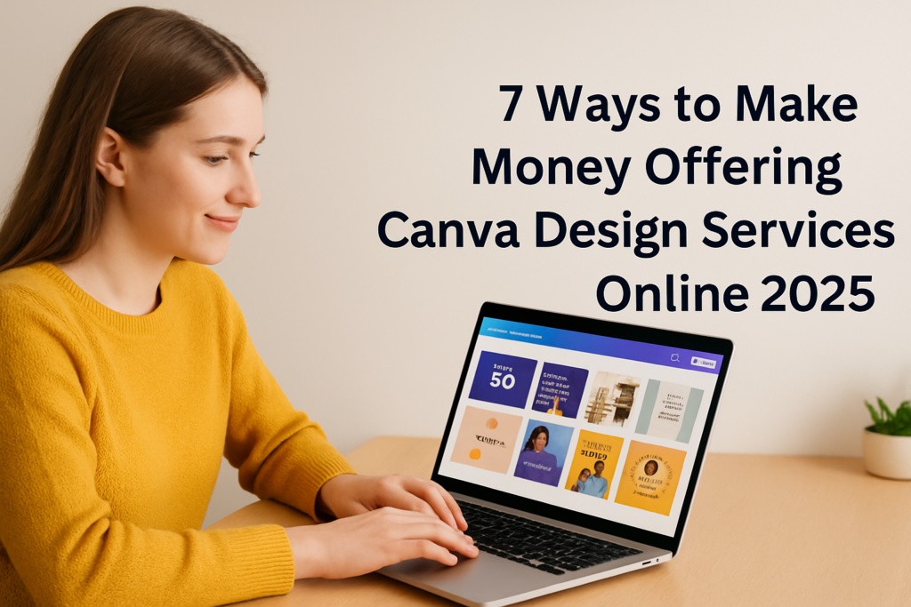 A young woman working on a laptop with Canva design templates on screen, promoting 7 ways to make money offering Canva design services online in 2025.