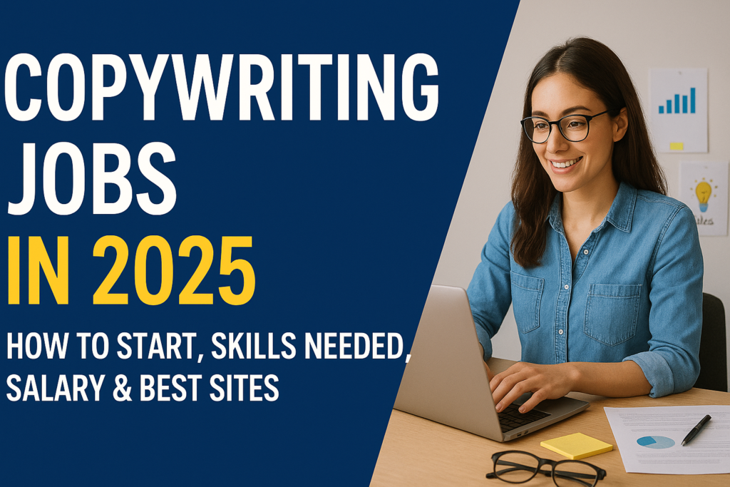 "Promotional graphic for 'Copywriting Jobs in 2025' featuring bold blue and yellow text on the left and a smiling young woman working on a laptop at a desk with charts and glasses on the right."
