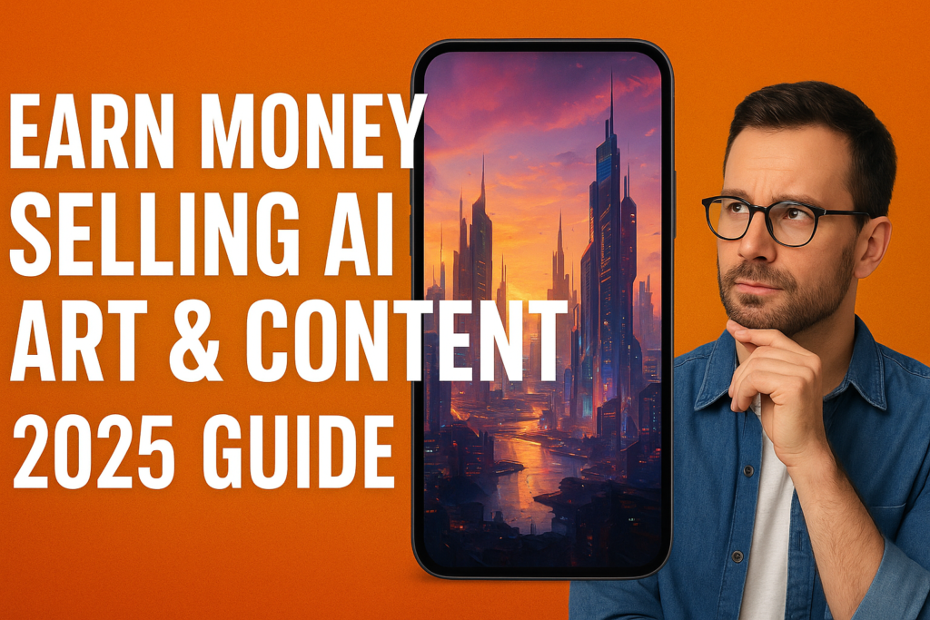 Horizontal thumbnail with bold white text “Earn Money Selling AI Art & Content – 2025 Guide” on an orange background, a smartphone showing futuristic AI-generated city art, and a thoughtful man wearing glasses on the right.