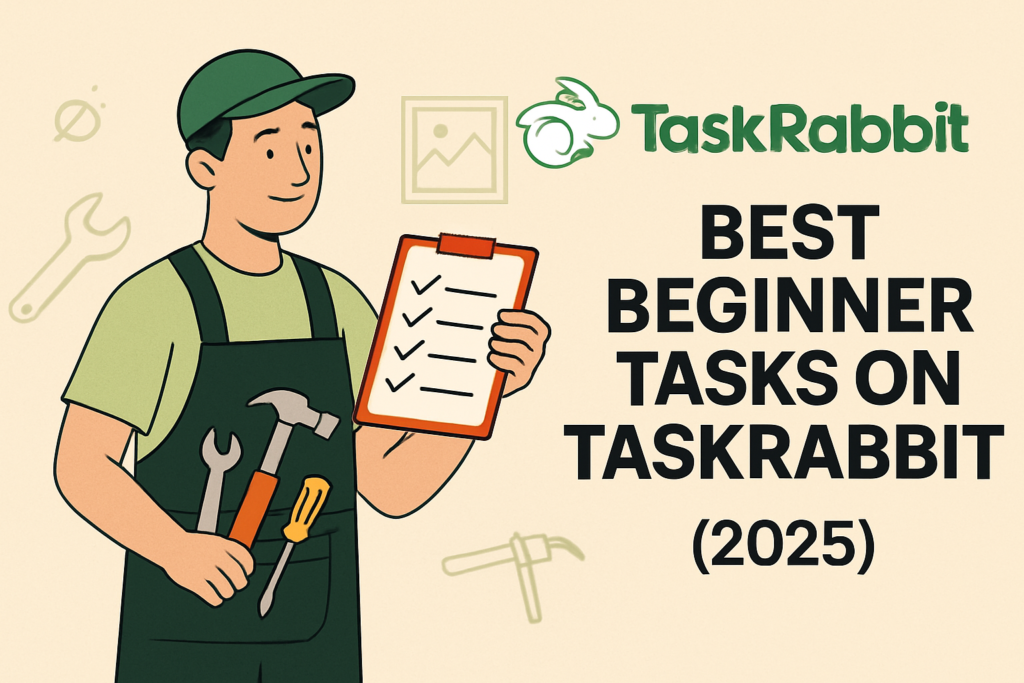A digital illustration showing a TaskRabbit worker in green uniform holding tools and a checklist, with the text "Best Beginner Tasks on TaskRabbit (2025)" and the TaskRabbit logo on a beige background.