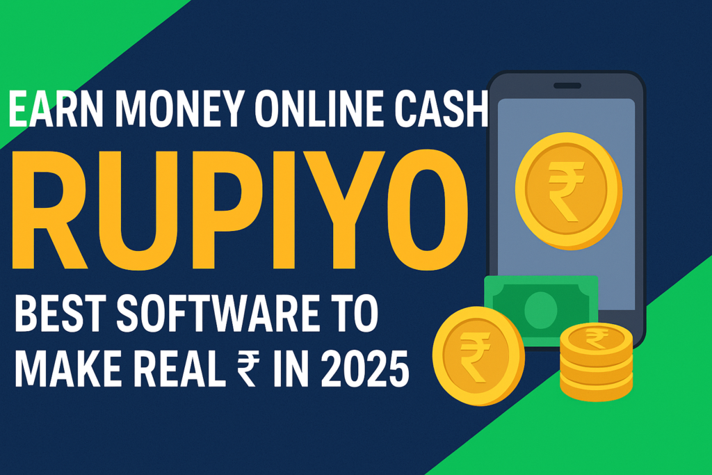 Earn Money Online Cash Rupiyo software banner showing smartphone, Indian rupee coins, and digital wallet payout in 2025